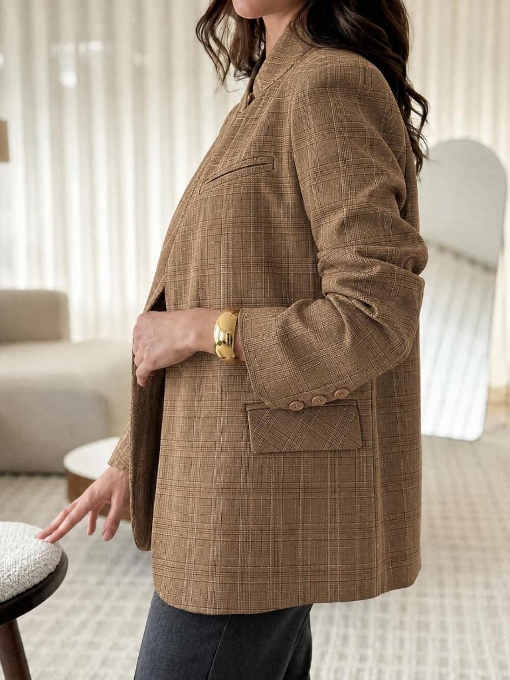Women's Plaid Khaki Blazer Business Stand Collar Open Front Trendy Suit Jacket - Picture 3 of 6